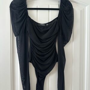 NaNa Black Draped Ruched Long-Sleeve Bodysuit with Puff Shoulders